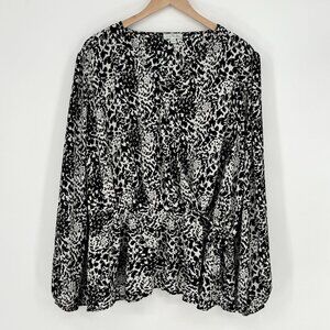 Nine Britton Stitch Fix Women's Faux Wrap Blouse Size 2X Black White Long Sleeve
